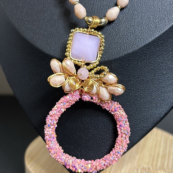 Rose Quartz Wire Beaded Pendant Feminine Girly Grandma Core Necklace - Picture 7 of 10